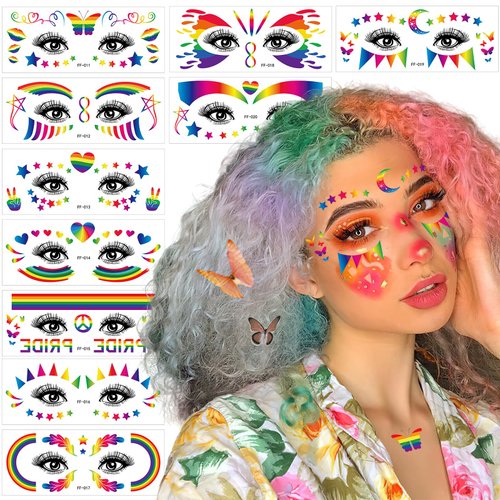 10 Sheets Glitter Face Eye Rainbow Tattoo Sticker Gay Pride Day Rainbow Stripes Flag Heart Star Butterfly LGBT Flash Body Art Makeup Temporary Tattoos Stickers for Women Parades Party Decor