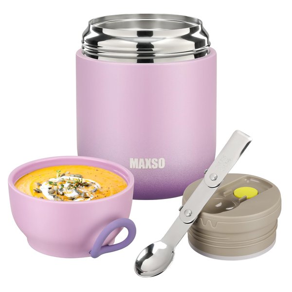 MAXSO Soup Thermo for Hot Food, 17 oz Lunch Container Vacuum Insulated Bento Box with Spoon for Adults Kids, Leakproof Wide Mouth Thermal Food Jar - Purple