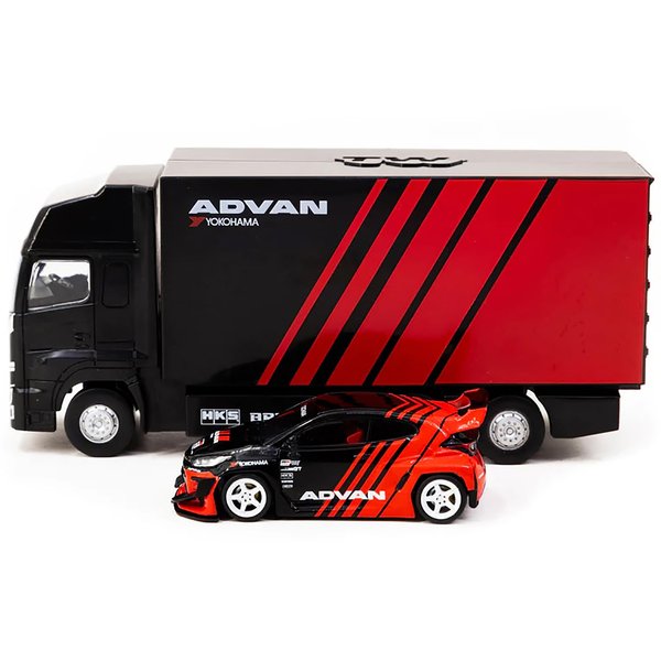 Tarmac Works Pandem Yaris RHD (Right Hand Drive) Red and Black Livery with Plastic Transporter Packaging 1/64 Diecast Model Car T64-080-ADV