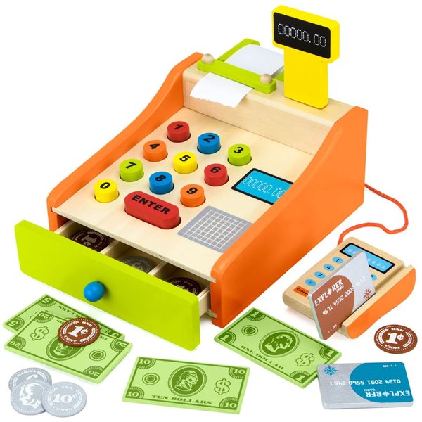 Change & Charge Cash Register Toy with Play Money for Kids (22pcs) – Wooden Play Toy Includes Coins, Bills & Credit Cards - Teaching Tool, Educational & STEM Learning Resource - Cashier Pretend Play