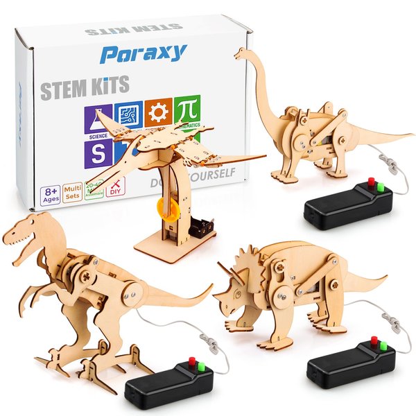 Poraxy 4 Pack Dinosaur Toys for Kids 8-12, STEM Kits, Boys Toys Age 8-10, 3D Wooden Puzzle Robotic Model, Educational Science Building Projects Crafts, Gifts for Boys Girls 8 9 10 11 12 13 Years Old
