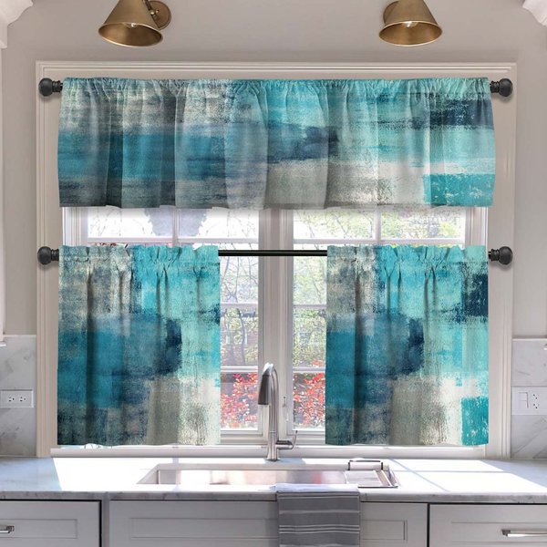 MCALK Turquoise Blackout Kitchen Curtains Tiers and Valances Set 3 Piece for Windows Grey Kitchen Window Curtains Set,Modern Abstract Art Valances for Living Room(36" Tiers Set)