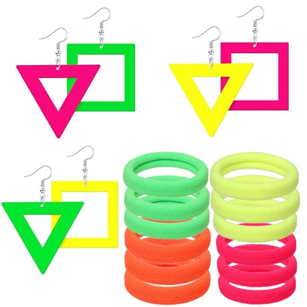 80s Retro Party Earrings and Hair Scrunchies Colorful Retro Rock Pop Drop Earrings 1980s Hair Scrunchies Elastic Hair Bands Ties for 80's Outfit Glow Party Halloween