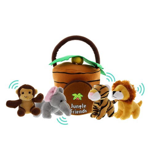 Jungle Animals Talking Plush Baby Toy – 5 Piece Small Stuffed Animals Set Including Jungle House Carrier and Stuffed Monkey, Lion, Tiger & Elephant – These Mini Toys are Ideal for Boys and Girls