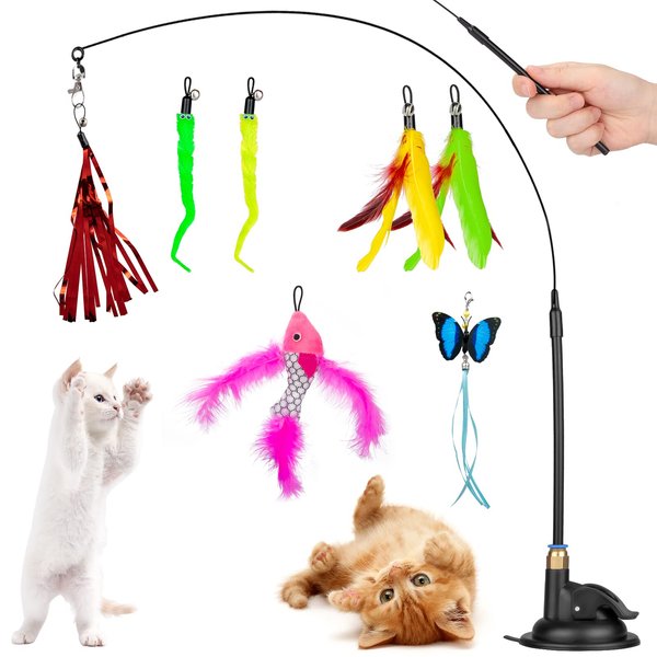Oziral Cat Feather Toys, 10PCS Hanging Cat Toy with Super Suction Cup Detachable 2 in 1 Cat Wand Toys with 7PCS Replacements, Interactive Cat Toy for Indoor Cats Kitten Play Chase Exercise