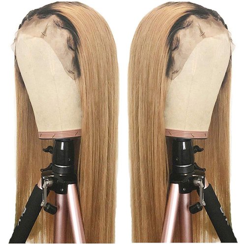 Glueless Lace Front Human Hair Wigs with Baby Hair Pre Plucked with Bleached Knots Dark Roots Ombre 1B/27 Straight Remy Brazilian Free Part 150% Density 13x4 Deep Hairline Soft Lace Wigs 20 Inch