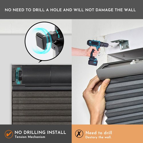 No Drill No Tools Cellular Shades for Windows, Top Down Bottom Up Honeycomb Blinds, Light Filtering Cordless Blinds for Indoor Windows, Easy to Install,Light Filtering-Black,Custom Size