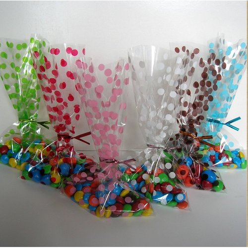 Weststone 100pcs 5"x8" Polka Dot Pink Gift Cello Bag + Color Matched Twist Ties for Cookie Candy Snack Wrapping Party Favor