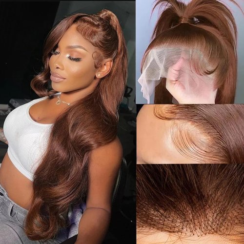 WUANYO 26 Inch Chocolate Brown Lace Front Wig Human Hair 360 Body Wave Lace Front Wigs Human Hair 180% Density Pre Plucked Colored Wigs Human Hair With Natural Hairline 4# Brown Wig Human Hair