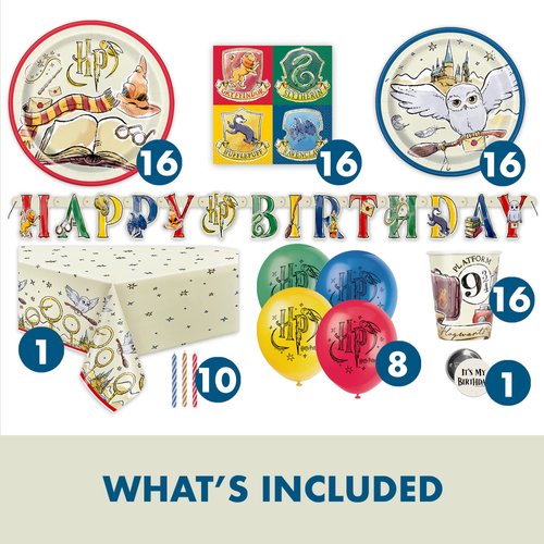 Harry Potter Birthday Decorations Kit | Harry Potter Birthday Party Supplies | With Harry Potter Balloons, Table Cover, Banner, Dinner and Cake Plates, Napkins, Cups, Candles, Button | Serves 16