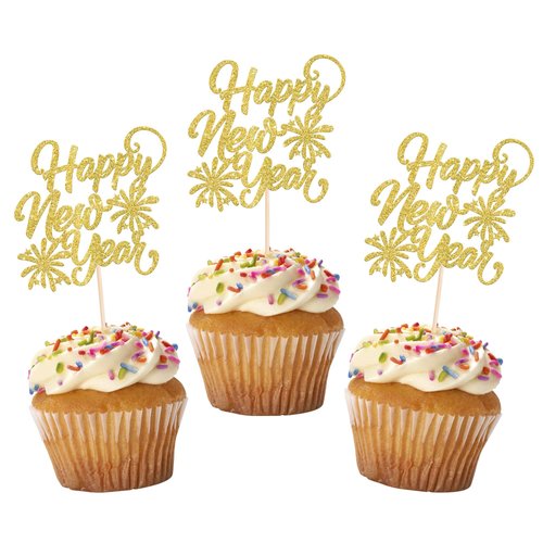 24 Pack 2025 Happy New Year Cupcake Toppers Glitter Hello 2025 Fireworks Cupcake Picks for Welcome 2025 Happy New Year's Eve Cake Decorations Party Supplies Gold