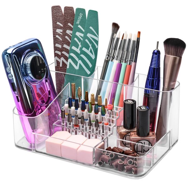 CGBE Nail Drill Machine & Nail Drill Holder, 28 Holes Transparent Acrylic Drill Bit Holder for Nails, Professional Nail Organizer and Storage Box Case (Not Including Nail Drill Machine & Bit)