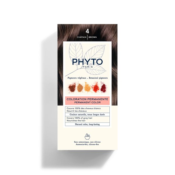 PHYTO Phytocolor Permanent Hair Color, 4 Brown, with Botanical Pigments, 100% Grey Hair Coverage, Ammonia-free, PPD-free, Resorcin-free, 0.42 oz.