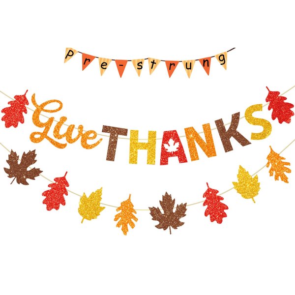 Givethanks Banner, Autumn Party Decoration - Glitter Happy Festival Banner with Maple Leaves, Fall Home Decor Set Givethanks Decorations for Fireplace Thanksgiving Party Supplies