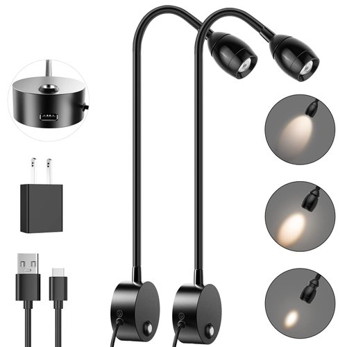 Wall Mounted LED Reading Light with 15" Flexible Gooseneck, Focused Adjustable Book Light for Reading In Bed with USB Output, Plug In Dimmable Bedside Headboard Night Lights, Touch Control - 2 Pack