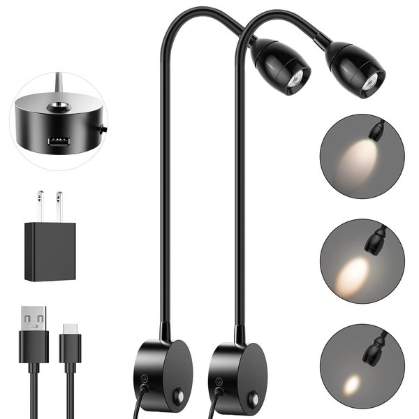 Wall Mounted LED Reading Light with 15" Flexible Gooseneck, Focused Adjustable Book Light for Reading In Bed with USB Output, Plug In Dimmable Bedside Headboard Night Lights, Touch Control - 2 Pack