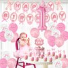 Pink Bow 1st Birthday Party Decorations, Baby Girl Party Supplies First Birthday Includes Banner,Tablecloth,Cake Cupcake Toppers,Number 1 Bow Balloon,Latex Balloons for Baby Shower One Year Old Party