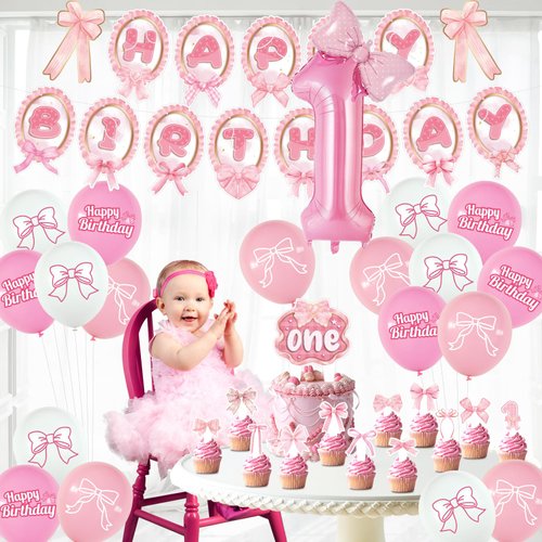 Pink Bow 1st Birthday Party Decorations, Baby Girl Party Supplies First Birthday Includes Banner,Tablecloth,Cake Cupcake Toppers,Number 1 Bow Balloon,Latex Balloons for Baby Shower One Year Old Party