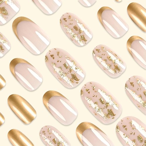Gold French Tip Press on Nails Medium, Gold Nail Art False Nail Tips Glossy Gold Glitter Full Cover Glue on Nails Medium Almond Shape French Tip Nails Press ons for Women Fingernails Manicure, 24Pcs