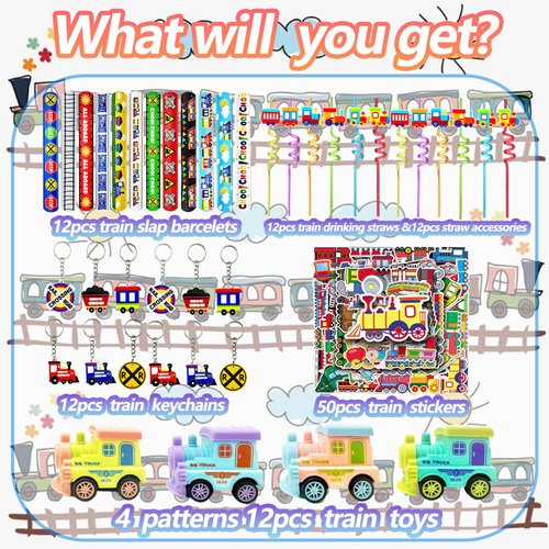 CHSLtmxq Train Party Favors 110PCS Slap Bracelets DIY Stickers Drinking Straw Keychains Pull-back Vehicle for People Car Theme Birthday Party Car Theme Birthday Party