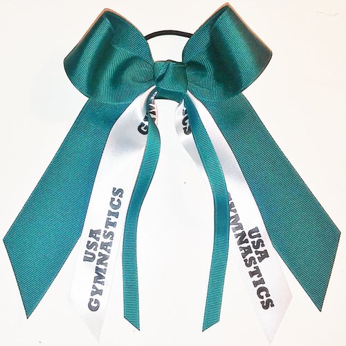 Gymnastics Hair Bow, Made in the USA, USA Gymnastics, Black Ink, Black Pony Band (Teal)
