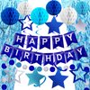 Birthday Decorations Sets-Teal Blue Wavy Tinsel Foil Fringe Curtains with Navy Blue Happy Birthday Banner,Star Hanging Swirls,Honeycomb Balls and Circle Paper Garland for Happy Birthday Decorations