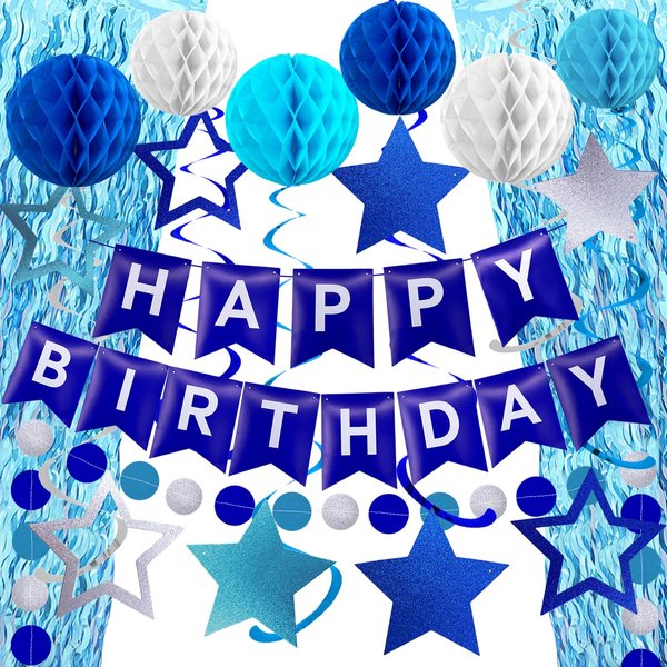Birthday Decorations Sets-Teal Blue Wavy Tinsel Foil Fringe Curtains with Navy Blue Happy Birthday Banner,Star Hanging Swirls,Honeycomb Balls and Circle Paper Garland for Happy Birthday Decorations
