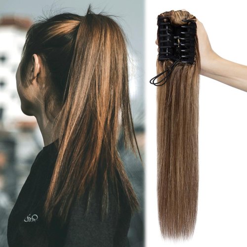 MY-LADY Ponytail Extension Human Hair Claw Clip in Ponytail Hair Extension Straight Pony Tail Hair Extensions Real Human Hair for Women Medium Brown & Dark Blonde 18 Inch 115g