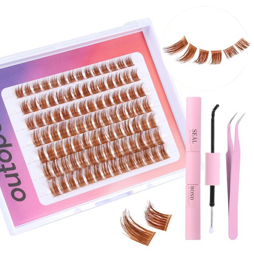 Brown Lashes Extension Kit, Natural Brown False Eyelash Clusters With Tweezer And Glue, 8-16mm C Curl Wispy Lashes Extensions DIY Individual Brown Cluster Eyelash (A-Brown)