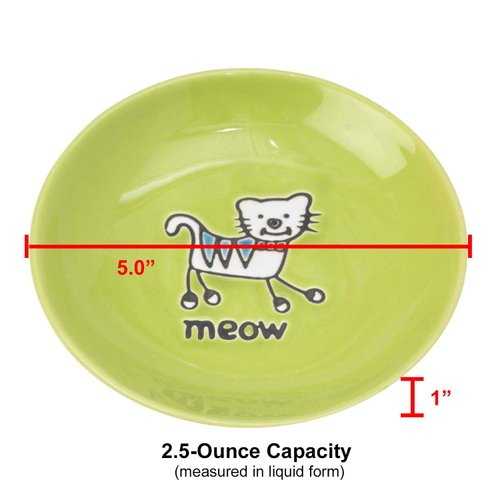 PetRageous 11036 Silly Kitty Dishwasher and Microwave Stoneware Cat Saucer 5-Inch Diameter 2.5-Ounce Capacity for Wet or Dry Cat Food Great For All Cats, Lime Green
