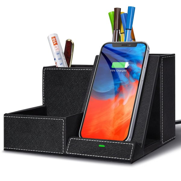 TopMade Fast Wireless Charger with Desk Organizer,Desk Storage,Multifunctional Desktop Organizer All in One Office Supplies and Desk Accessories Organizer with 3 Compartments and 1 Phone Stand