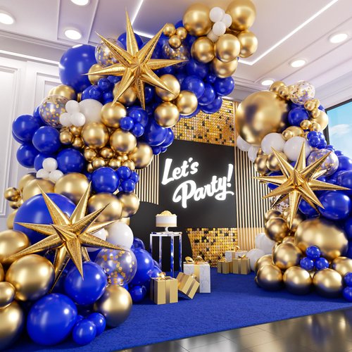 Royal Blue and Gold Balloon Garland Arch Kit, Blue and Gold Party Decorations with White Balloons Gold Confetti Latex Balloons for Anniversary Wedding New Year Graduation Birthday Party Decorations