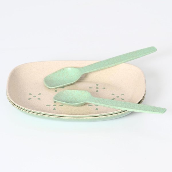 CHITKI ECO-Friendly Small Snack Serving Plates Set of 2 with Spoons | 6 inch | Plates Made with Bamboo Fibers & Rice Husk Fiber | Microwave Safe Plates | Dessert Plates | Celeste