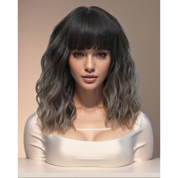Short Brown Gray Wigs with Bangs 14Inch Grey Curly Bob Wig for Women Shoulder Length Natural Looking Hair Replacement Wig for Daily Party Use Cosplay Costume Halloween Wig