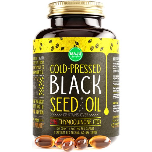 MAJU's Black Seed Oil Capsules, Strong Cold Pressed, 2% Thymoquinone, 100% Turkish Black Cumin Nigella Sativa Seed Oil, Organic BSO, Liquid Blackseed Oil, 120 Count, 500mg per Capsule