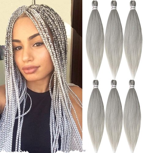 MSBELLE 6Pcs/Lot Pre Stretched Braiding Hair 26 Inch Ombre Braiding Hair Hot Water Setting 100g/Pack Crochet Synthetic Braids Hair Silver Grey