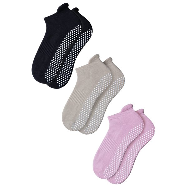 RATIVE Anti Slip Non Skid Barre Yoga Pilates Hospital Ankle Socks with grips for Adults Men Women (Medium, 3-pairs/black+beige+pink)