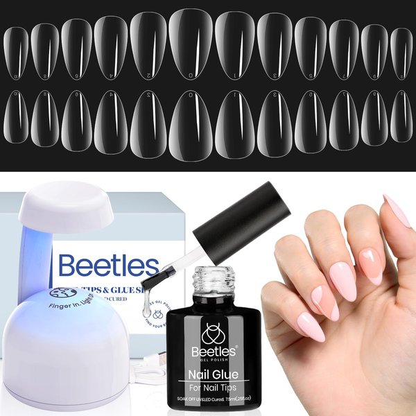 Beetles Gel Nail Kit Almond-500Pcs Gel Nail Kit Easy Nail Extension Set Short Almond Shape 5 In 1 Nail Glue Gel Extension Nail Kit Uv Led Lamp Acrylic False Nail Tips Kit DIY Nails Art Gifts for Women