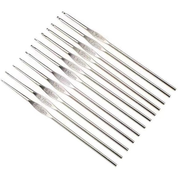 12 PCS Crochet Hooks Set Steel, Small Size Latch Hook Crochet Needle 0.6 mm to 1.9 mm Sweater Scarf Clothing Knitting Crochet Tool