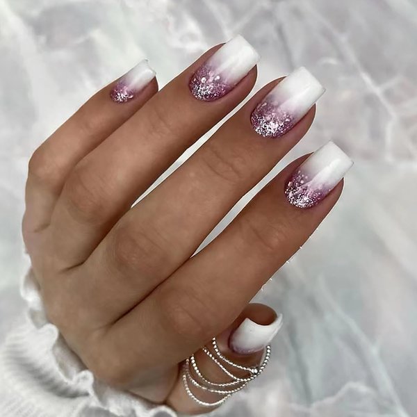 White Press on Nails Medium Square 24Pcs Artificial Glossy Fake Nails with Gradient Purple Glitter Designs Full Cover Coffin False Nails Glue Stick on Nails Fingernails with Charm for Women Girls