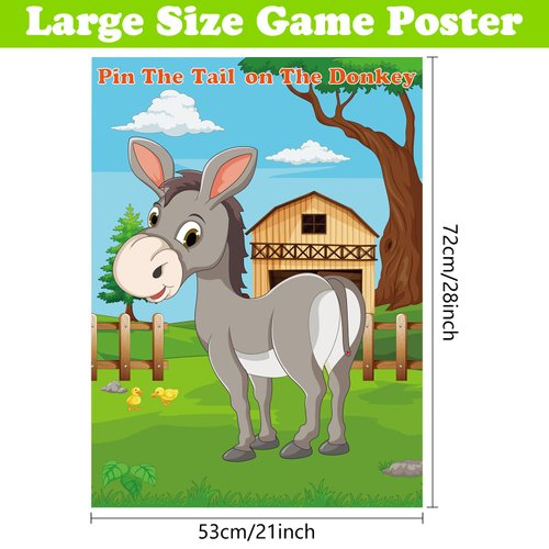 PLULON Pin The Tail on The Donkey Party Game for Kids, Donkey Themed Animal Birthday Party Games Donkey Poster with Tail Stickers for Kids Farm Animal Donkey Party Favors Home Wall Decorations