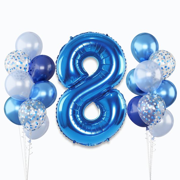 Giant Number Foil Balloon 8, Dark Blue Self Inflating 8th Birthday Balloon for Boys, 40'' 8 Balloon Light Navy Blue with Metallic Blue Silver Confetti Balloon for Anniversary Party Decoration Supplies