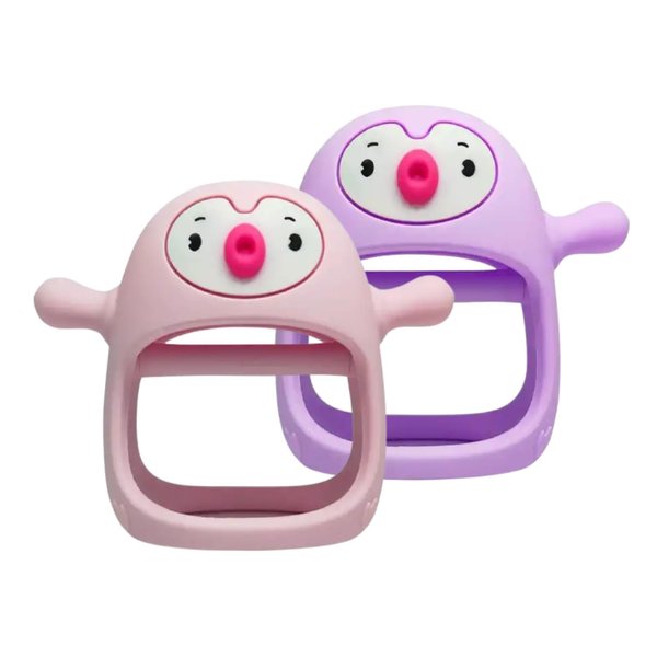 Yummy Baby Cute Penguin Teething Mitten for Babies, Easy to Hold, No-Drop Design, Silicone Baby Teether Toys, Relief from Teething Pain, Nipple Shaped Penguin Hands Comfort Gums (Pink/Purple)