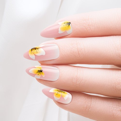 GoldFinger Trendy False Nails Kit, Long Almond Shape Design Nail, Pink & Flower Print, Ready to Wear Gel & Manicure Stick included, Long-Lasting Convenient & Easy to Apply