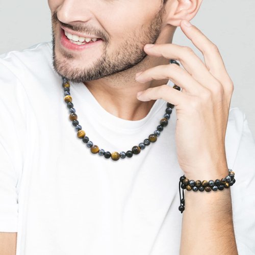 Men Tiger Eye Beaded Necklace Bracelet Triple Protection Jewelry Sets Hematite Black Obsidian Healing Crystal Stone Chakra Necklace