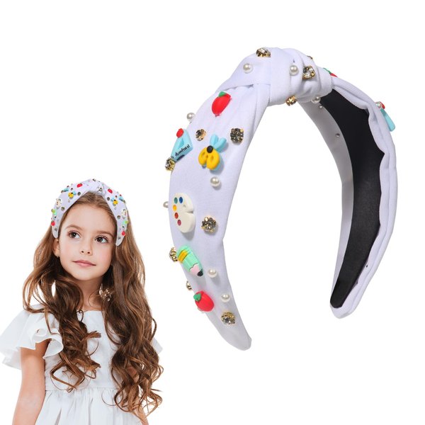 HAKJXOS Back to School Headband White Knotted Headbands Simple Apple Ruler Palette Headband Pearl Rhinestone Jeweled Hair Accessories for Kids Girls Attend School Hair Decoration 1 Pcs (White)