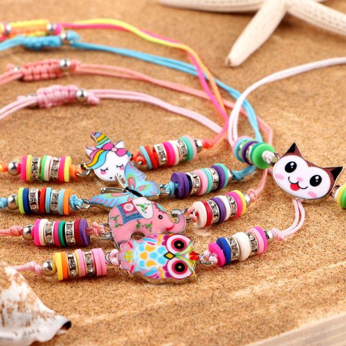 Lorfancy 12 Pcs Kids Girls Bracelets Jewelry Animal Pendant Unicorn Owl Cute Bracelet Multicolor Rhinestone Woven Friendship Bracelets for Party Favors Pretend Play Bracelets Kids