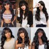 Black Wig With Bangs Long Wavy Wig for Women Curly Wavy Hair Wigs Heat Resistant Synthetic Curly Natural Black Wigs Hair Replacement Wigs for Girls Daily Party Use 24inch(Black)