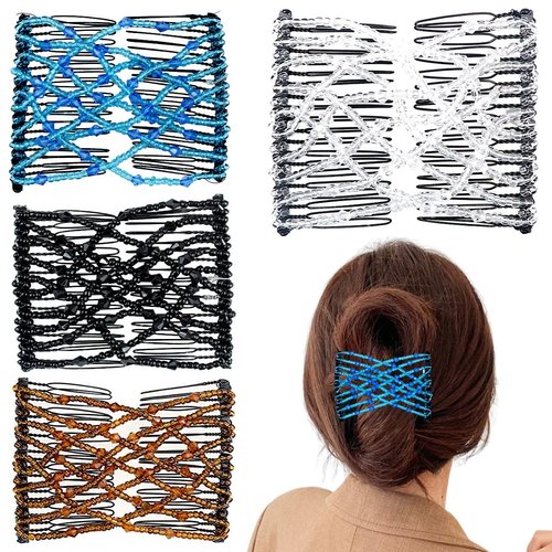 4 Pieces Elastic Hair Comb Clips Magic Stretchy Double Comb Hair Clips for Girls Women Hairstyle Hair Accessories (Beads-Black,Brown,White,Blue)