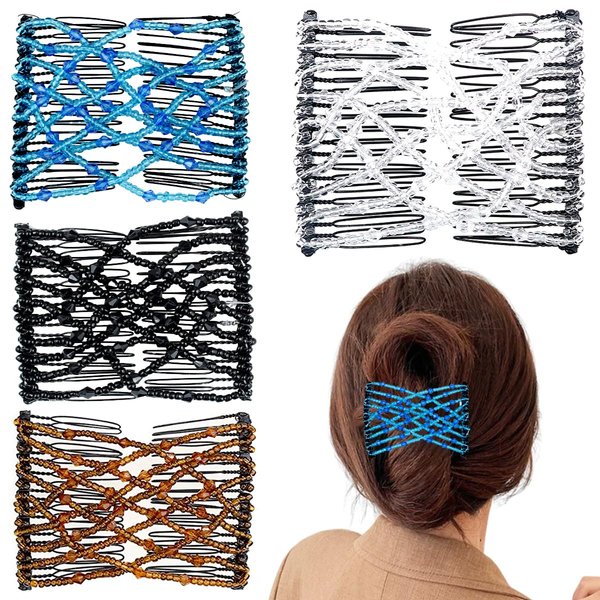 4 Pieces Elastic Hair Comb Clips Magic Stretchy Double Comb Hair Clips for Girls Women Hairstyle Hair Accessories (Beads-Black,Brown,White,Blue)